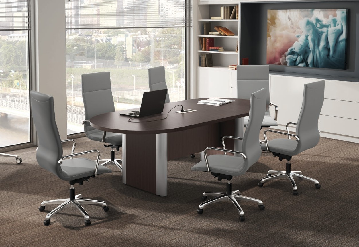 8’ Racetrack Conference Table with Silver Accent Bases and Power